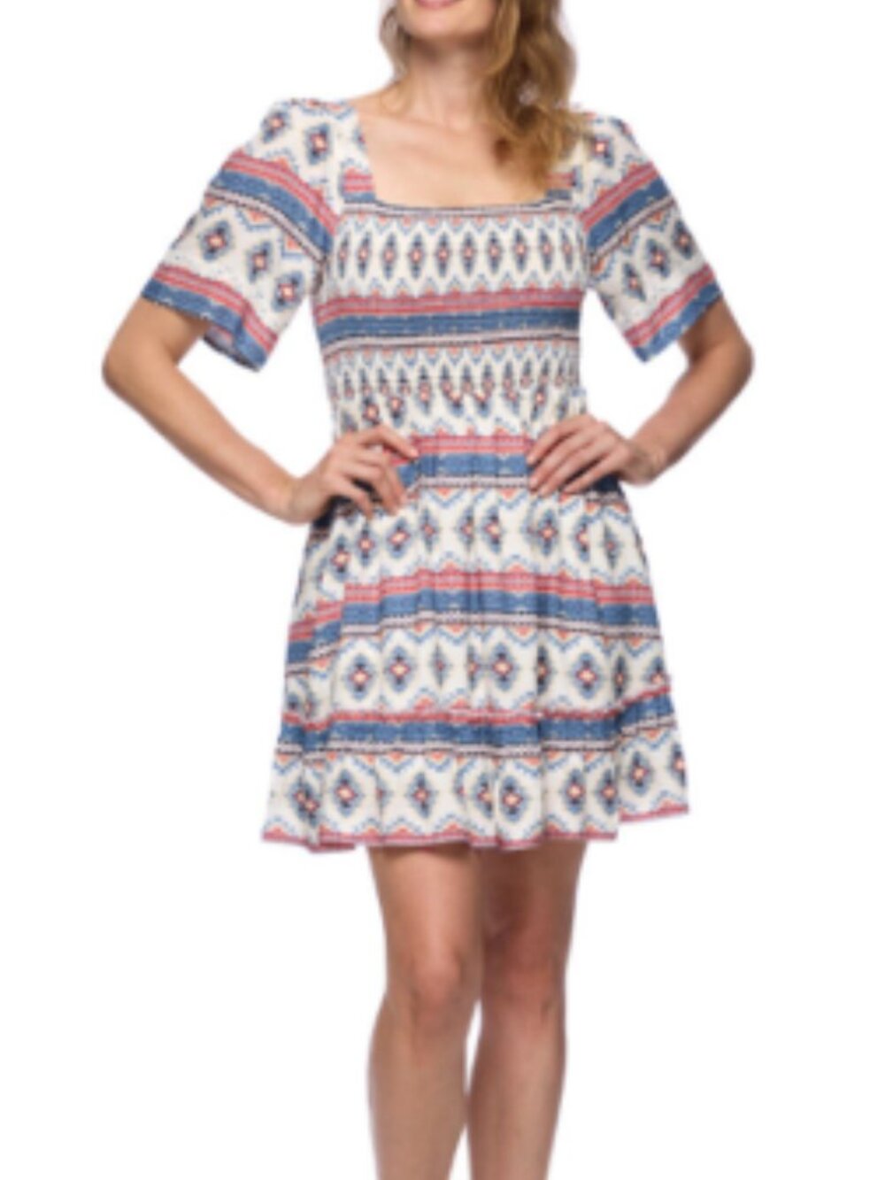 Threadgrit Size Small Sofia Square Neckline Smocked Mini Dress in Southwest Blue